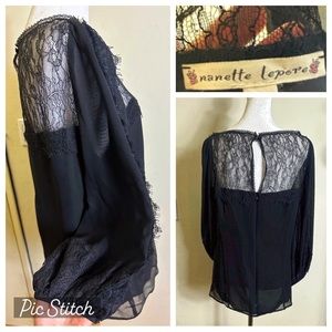 Nanette Lepore 100% black silk chiffon lace mini shift dress, puff sleeves sheer